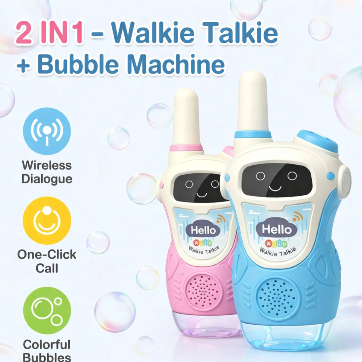 Kids playing outdoors with a 2-in-1 walkie talkie toy that blows bubbles