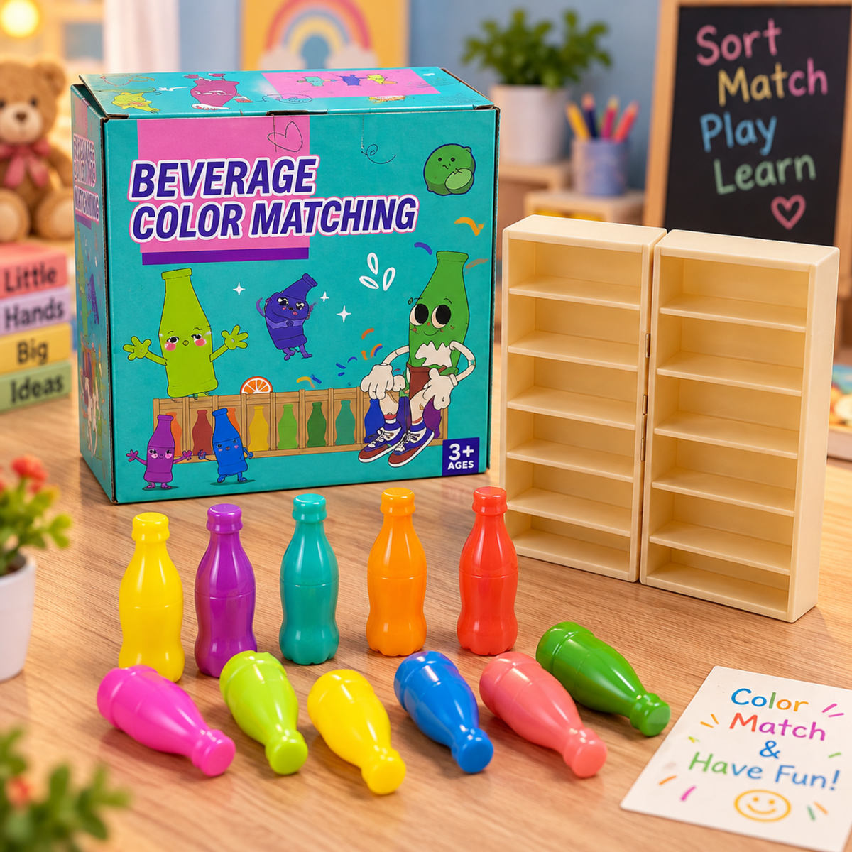 Kids beverage bottle color matching game with 20 colourful bottles