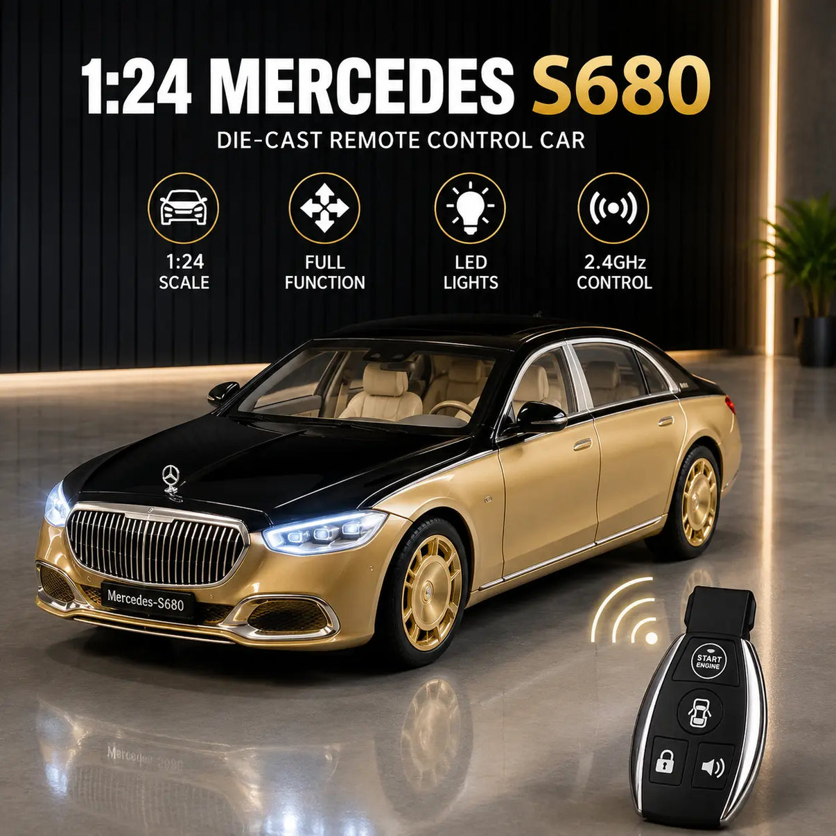 1:24 scale Mercedes S680 remote control metal model car with opening doors and detailed interior.