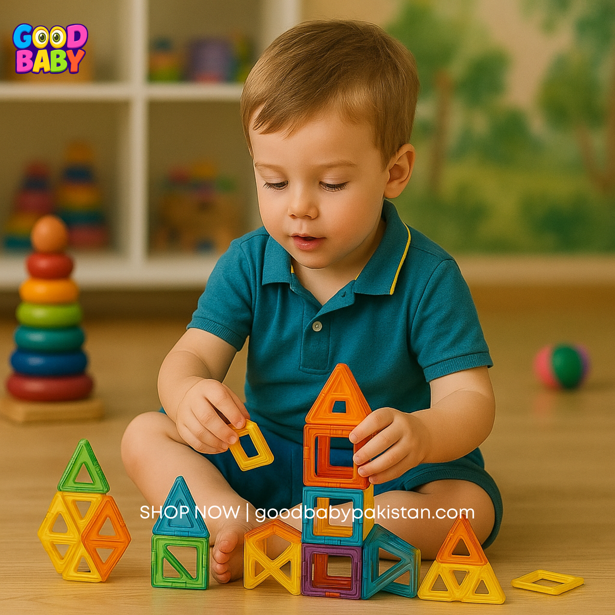 Child playing with colorful building blocks in a nursery setting