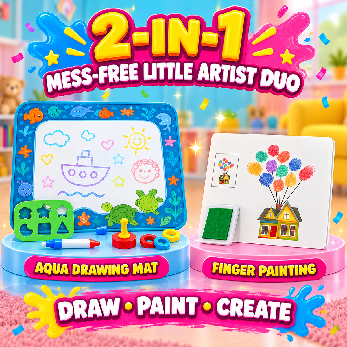 Mess-Free Little Artist Duo with reusable aqua drawing mat and finger painting set