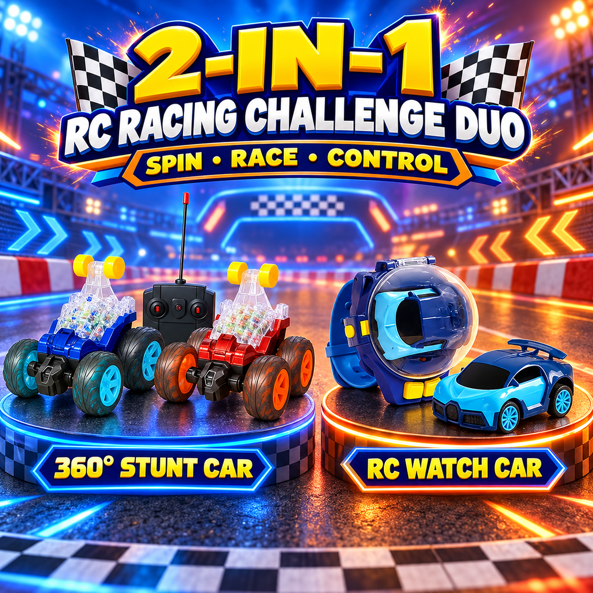 RC Racing Challenge Duo with 360-degree stunt car and RC car wrist watch toy