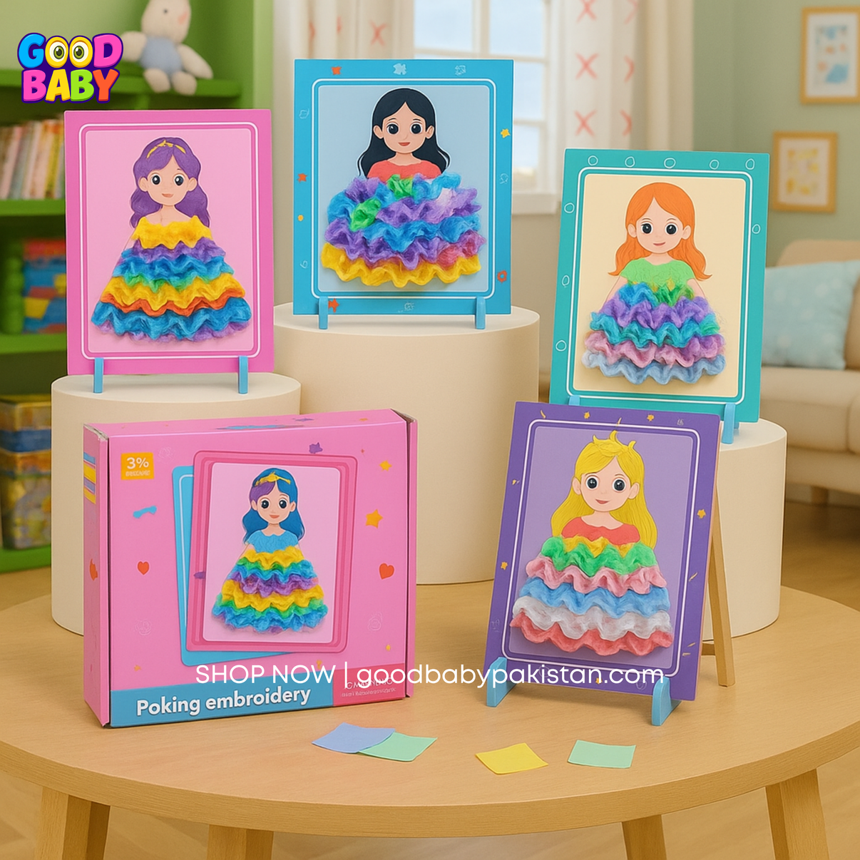 Colorful children's poking embroidery toys on a table with a box in a room setting.