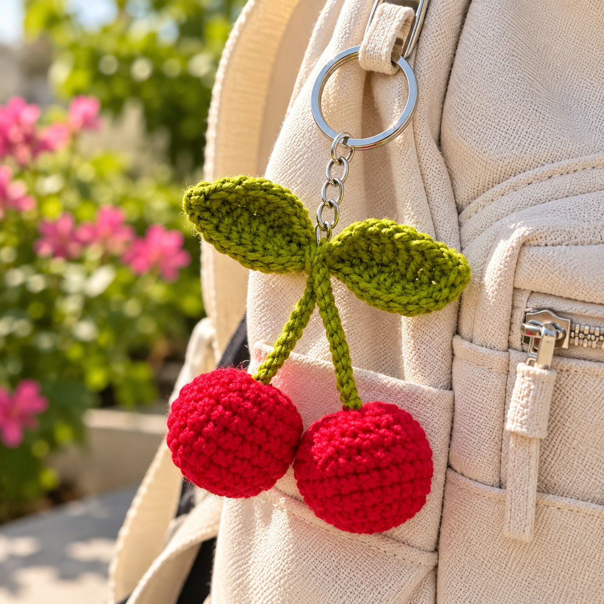Handmade crochet cherry keychain with gold chain key ring