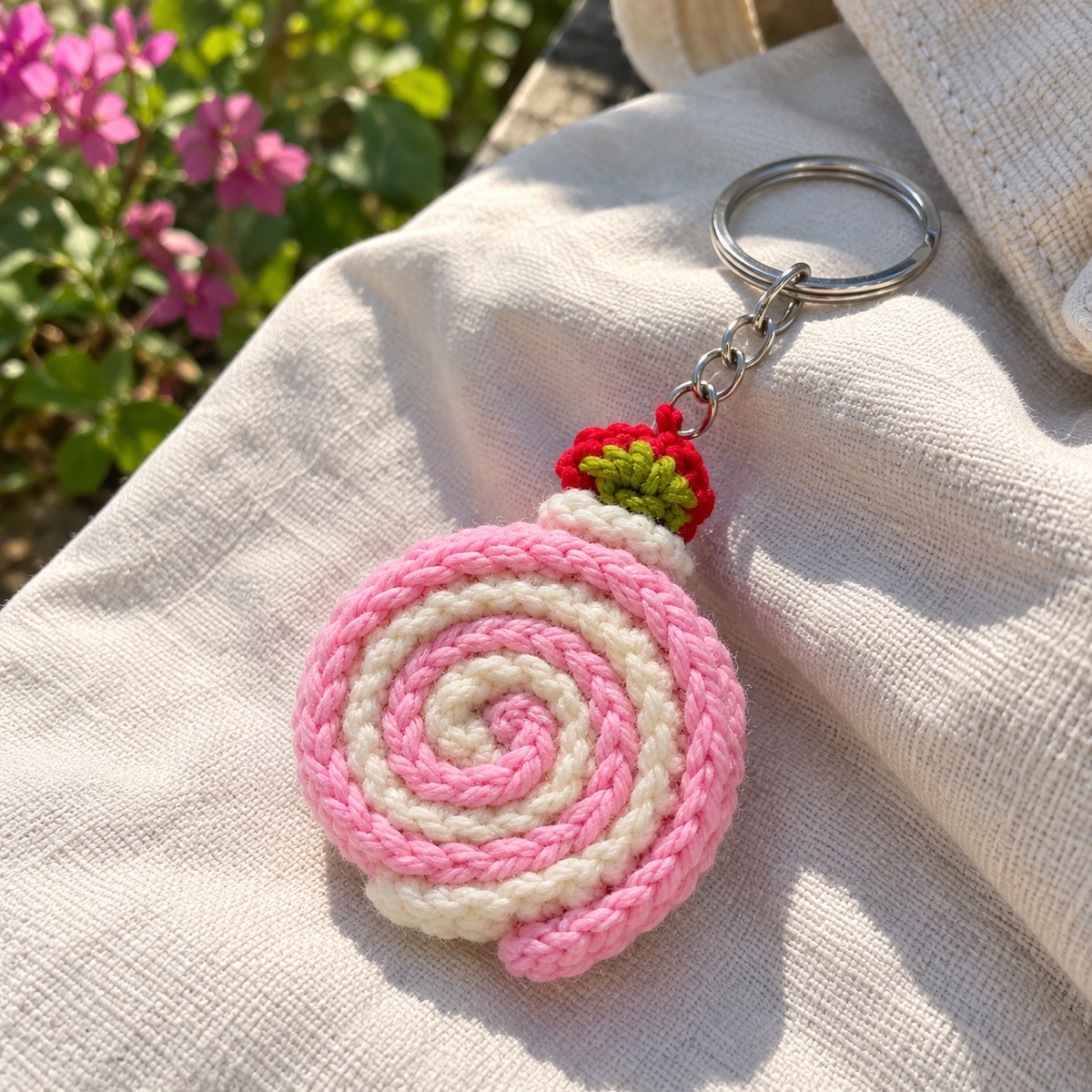 Handmade crochet Swiss roll cake keychain in Pakistan