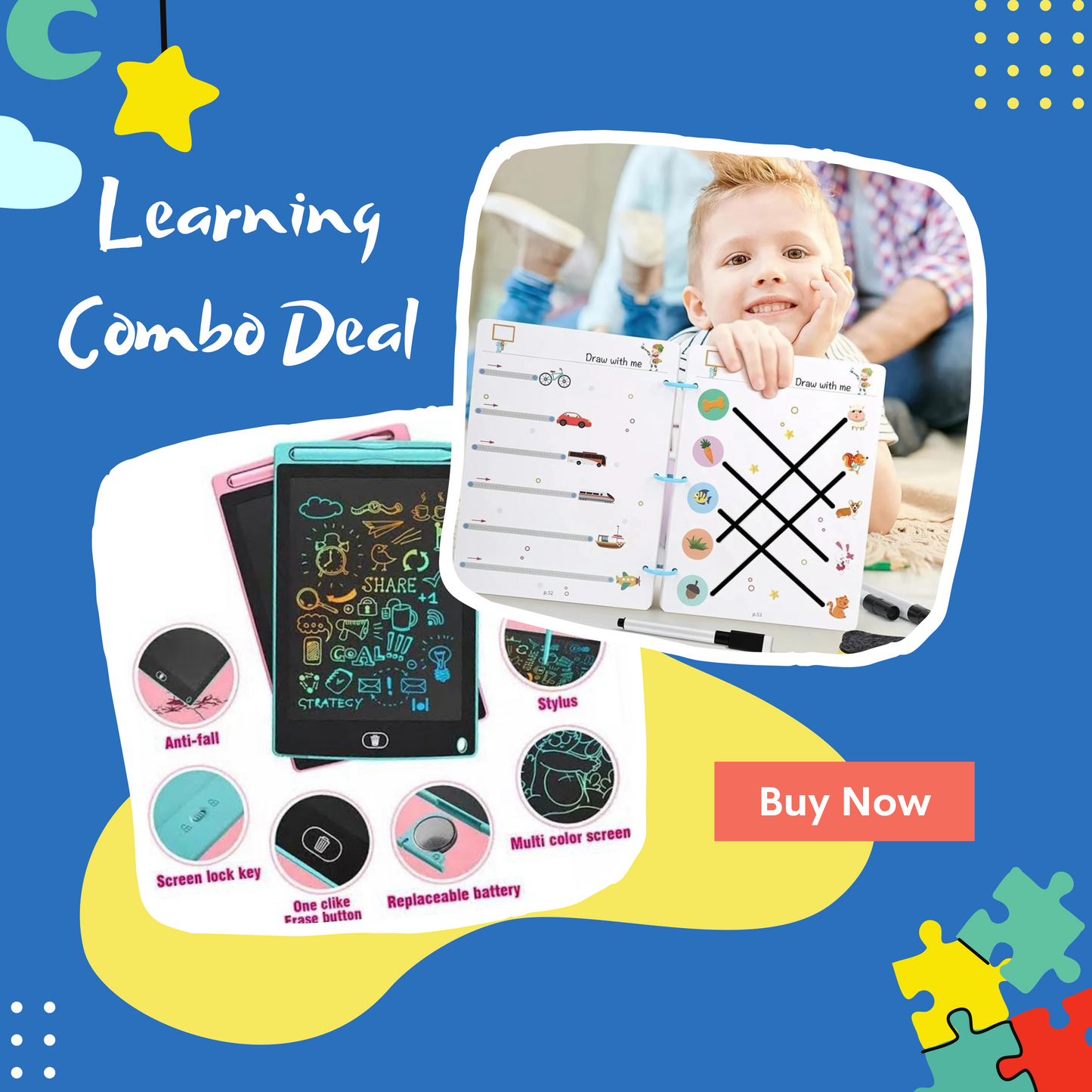 Learning combo deal (Magical Tracing book A4 64 page And 8.5 inch colourful LCD writing Tablet)