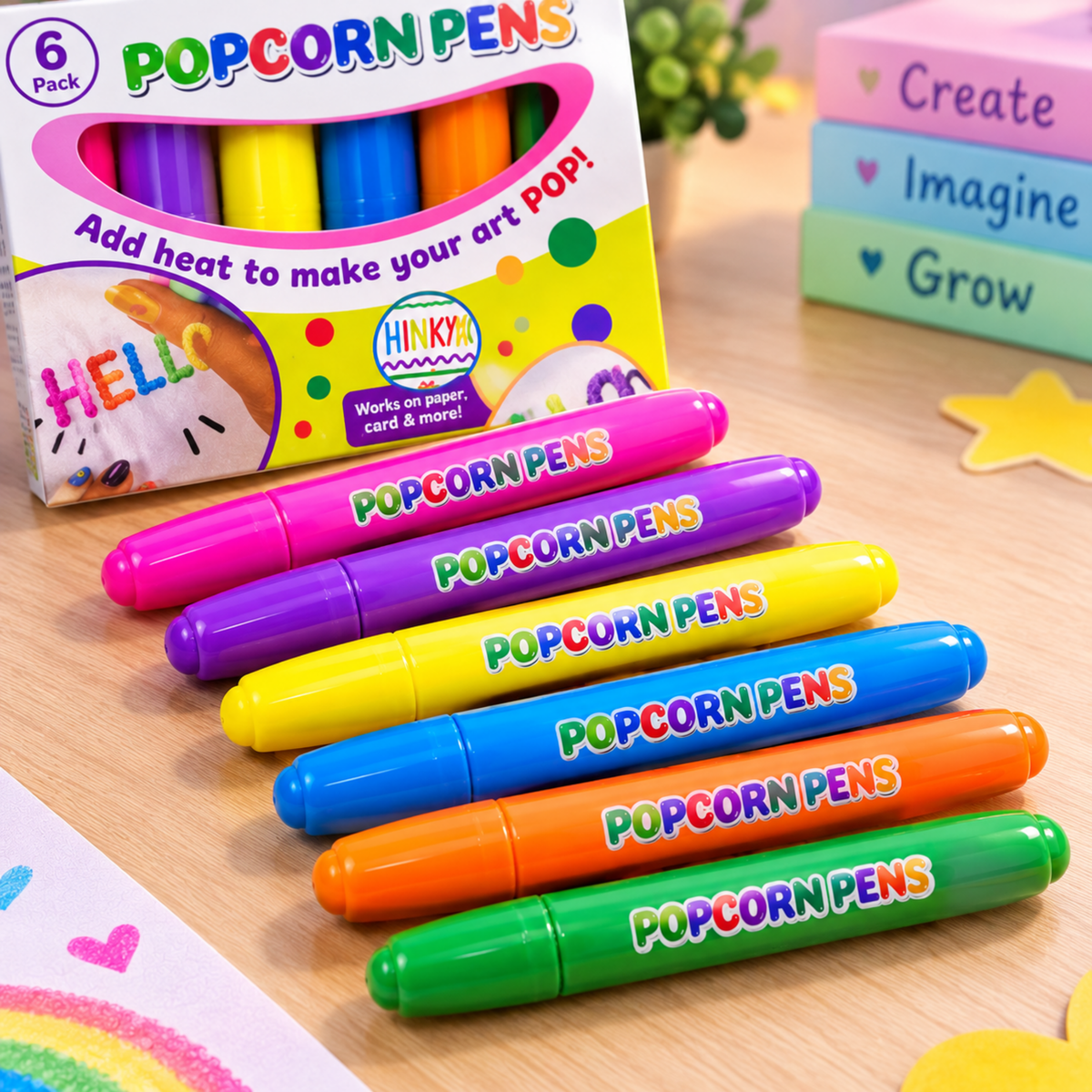 3D art popcorn pens craft set for kids in 6 vibrant colours