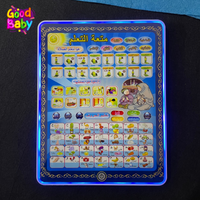 An electronic toy resembling an iPad with Arabic letters and colorful buttons, designed for children's educational play.