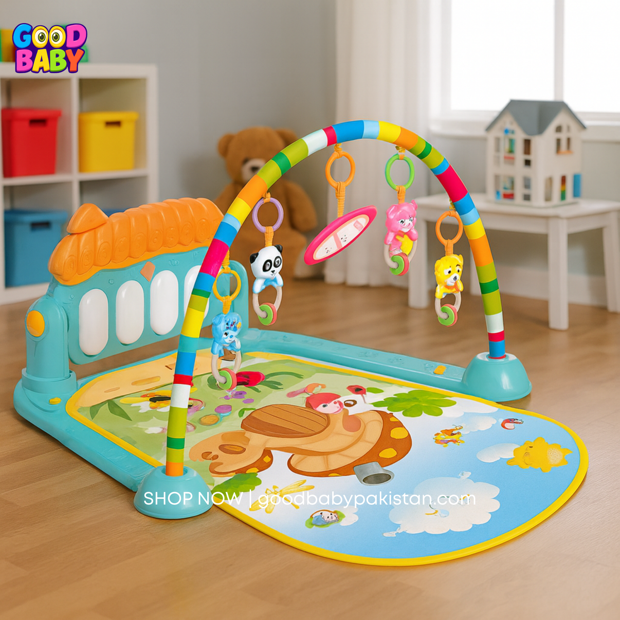 Colorful newborn activity playmat with arches and toys – GoodBabyPakistan