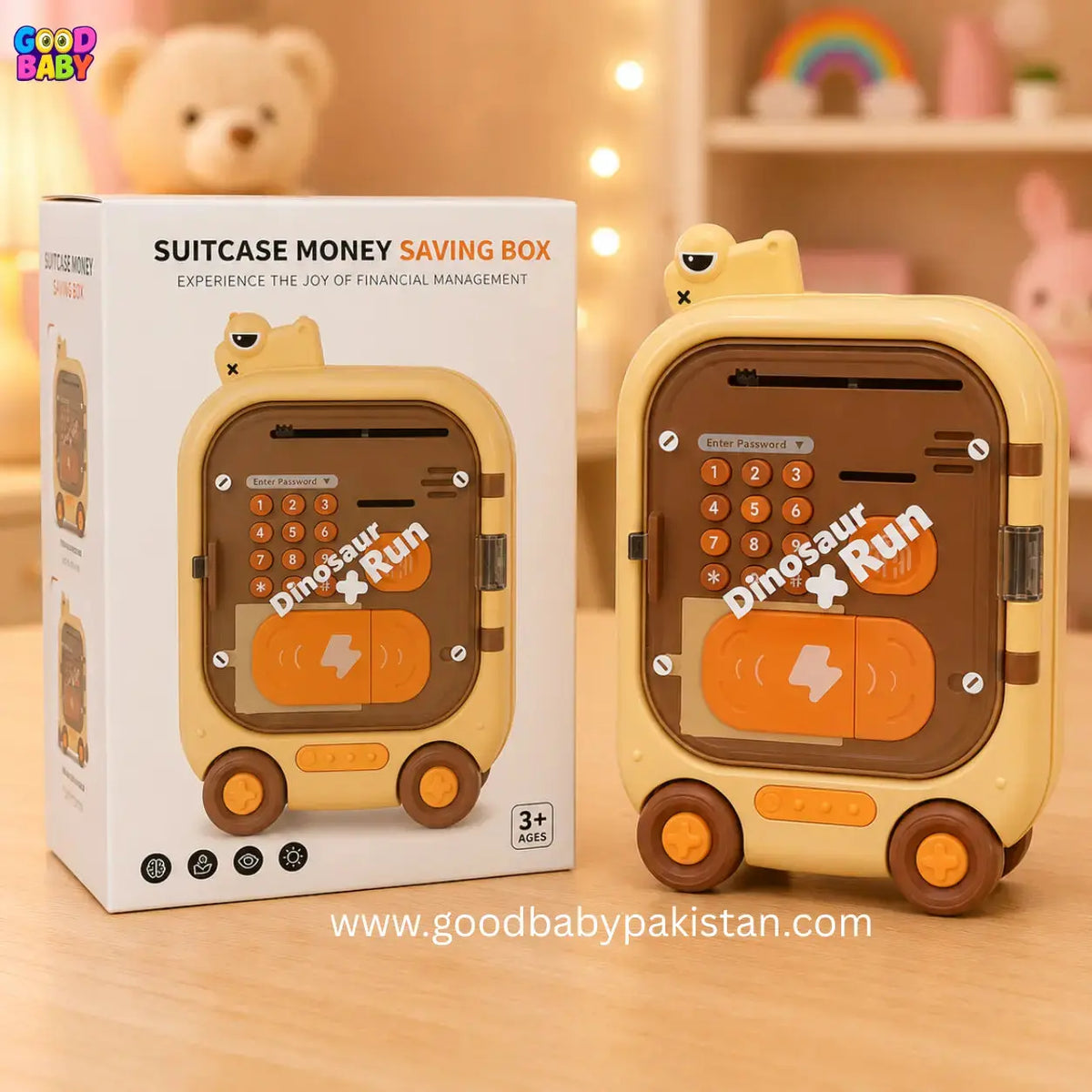 Dinosaur-shaped money saving box with packaging and 'Good Baby' branding.