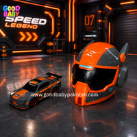 Black and orange racing car toy with futuristic helmet-shaped storage case.