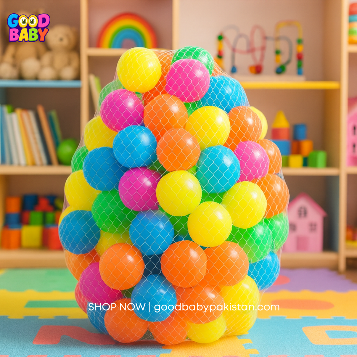 Colorful ball pit in a child's playroom with shelves of toys in the background.
