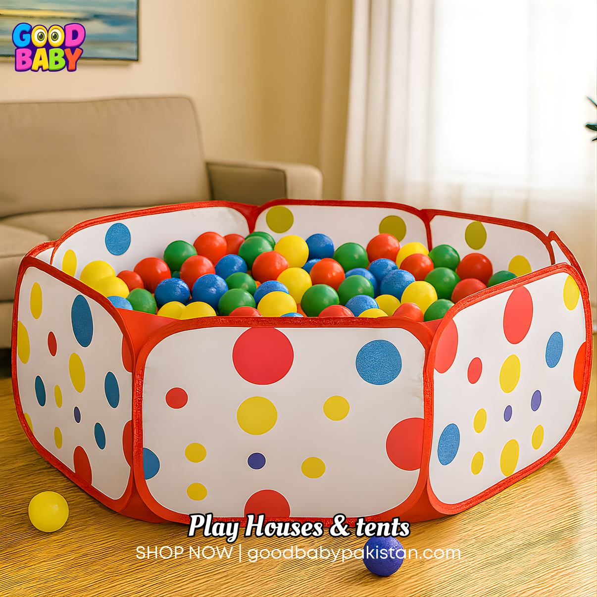 “Colorful kids polka dot ball pit by GoodBabyPakistan”