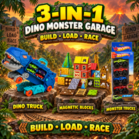 Dino Monster Garage bundle with 2-in-1 dinosaur truck, magnetic dinosaur blocks and 4-piece monster trucks