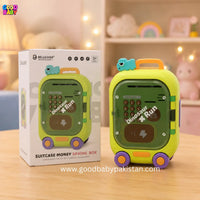 Toy suitcase money saving box with packaging on a wooden surface