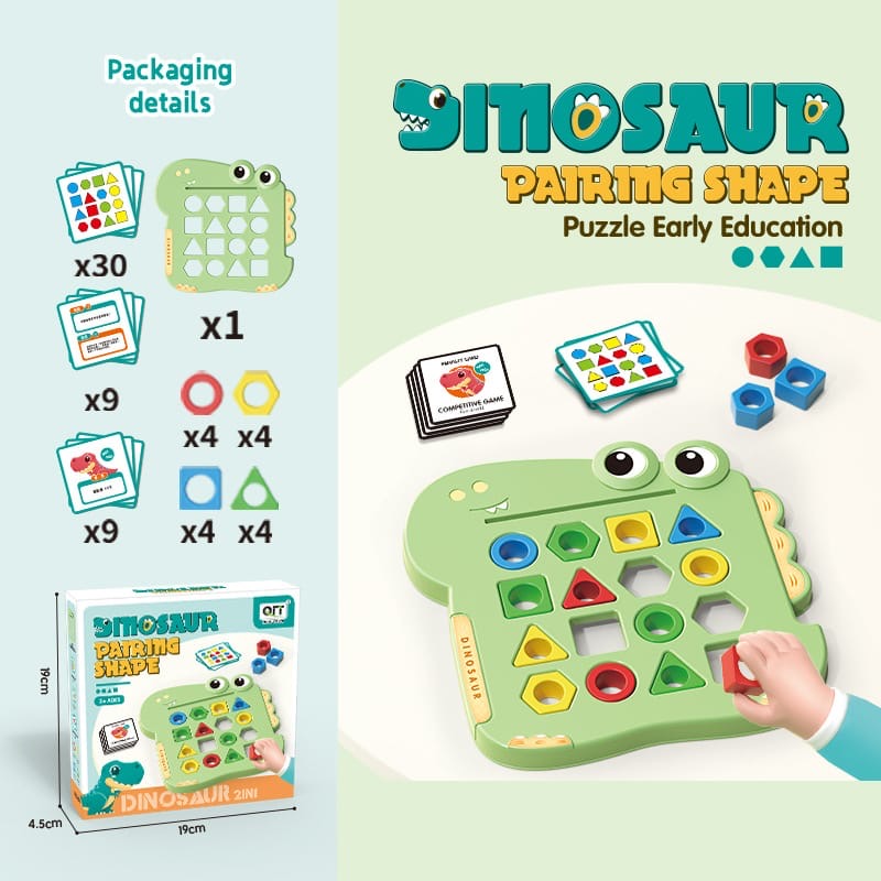 "Dinosaur Pairing Shape Puzzle with 32 Colorful Pieces, Pattern Cards, and Competition Bell, Educational Toy"
