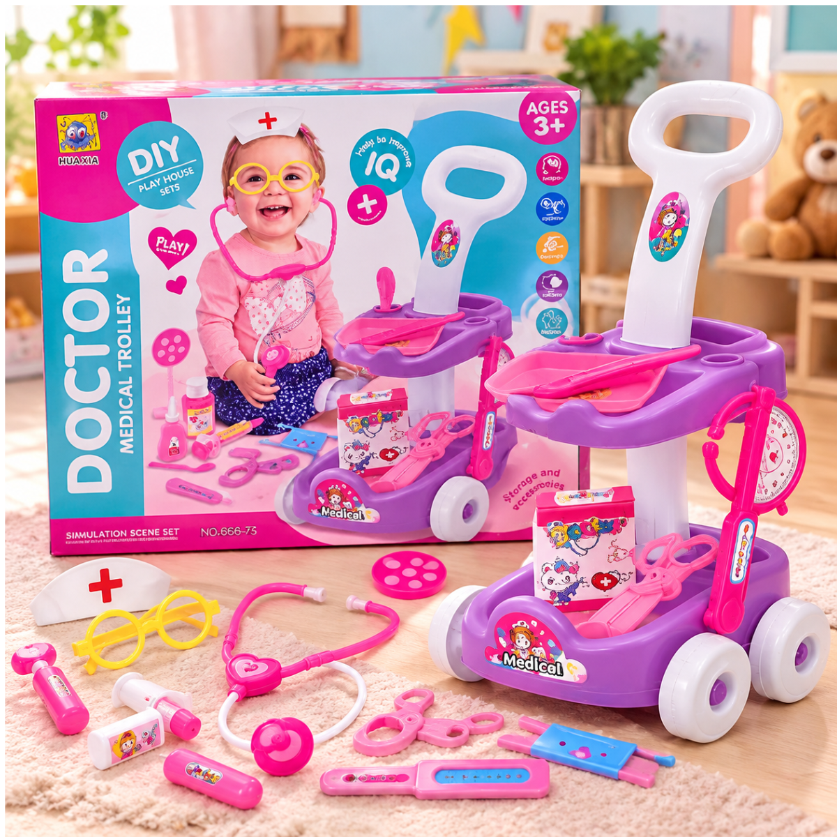 Doctor medical trolley play set for kids in pink and purple – Pakistan