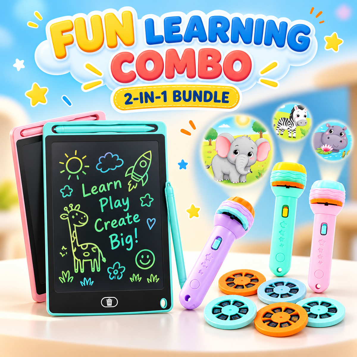 Kids projector torch with 24 cartoon images and 8.5-inch colorful LCD writing tablet combo