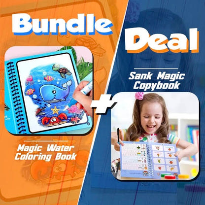 Bundle Of Magic Water Coloring Book & Sank Magic Practice Copybook (4 Books – 1 Pen – 5 Refills – 1 Pen Holder)