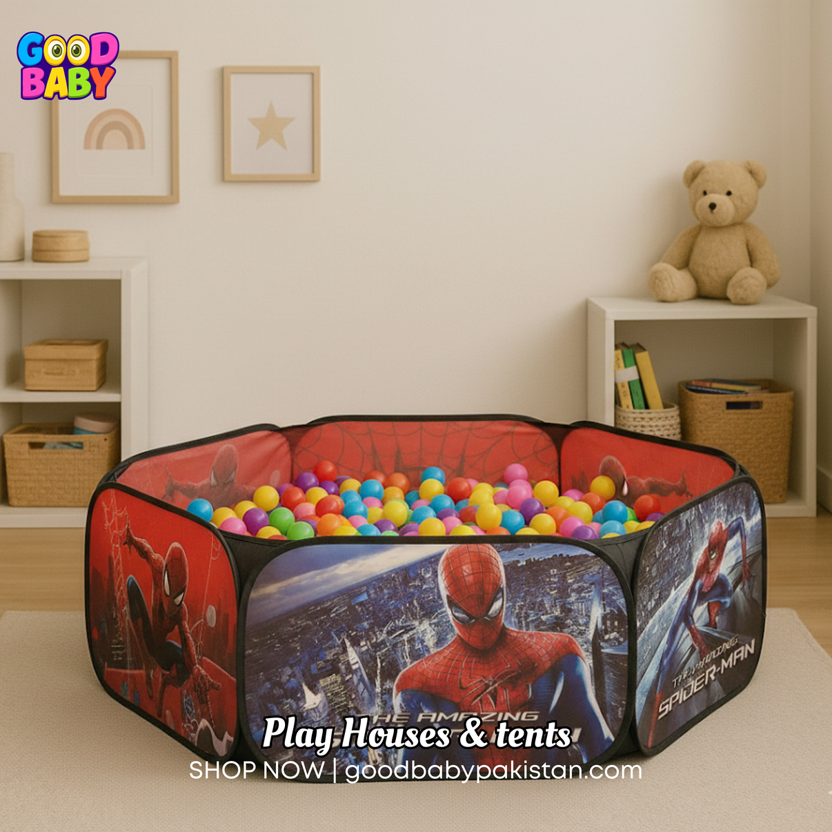 “GoodBabyPakistan Spiderman hexagonal ball pit play tent”