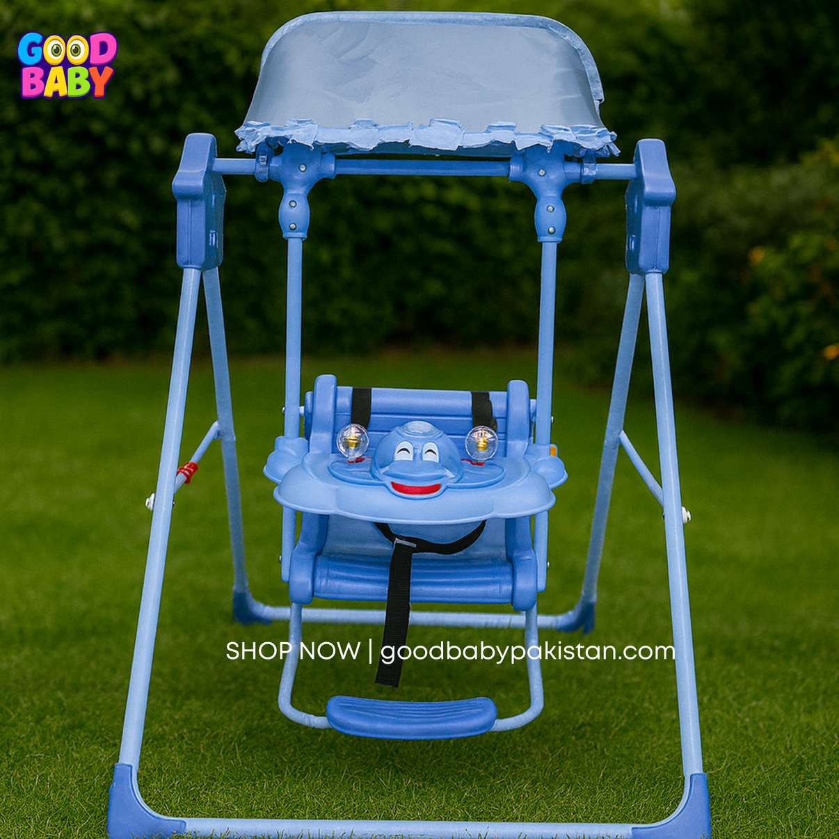 Baby swing chair with metal frame and tray