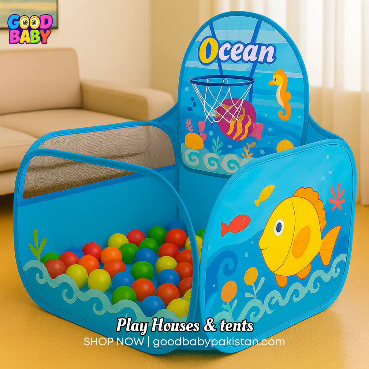 “GoodBaby Pakistan ocean-themed kids play tent with basketball hoop”