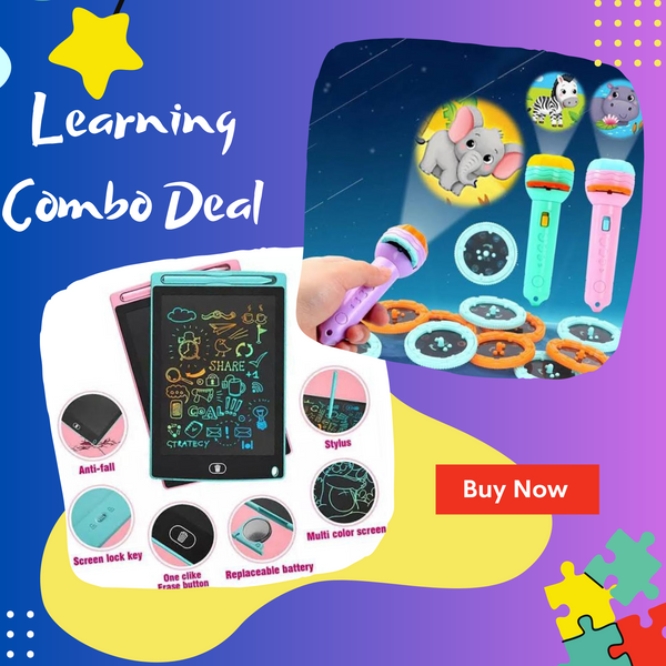 Fun + Learning combo deal ( Cartoon Projector Torch And 8.5 inch colourful LCD writing Tablet )