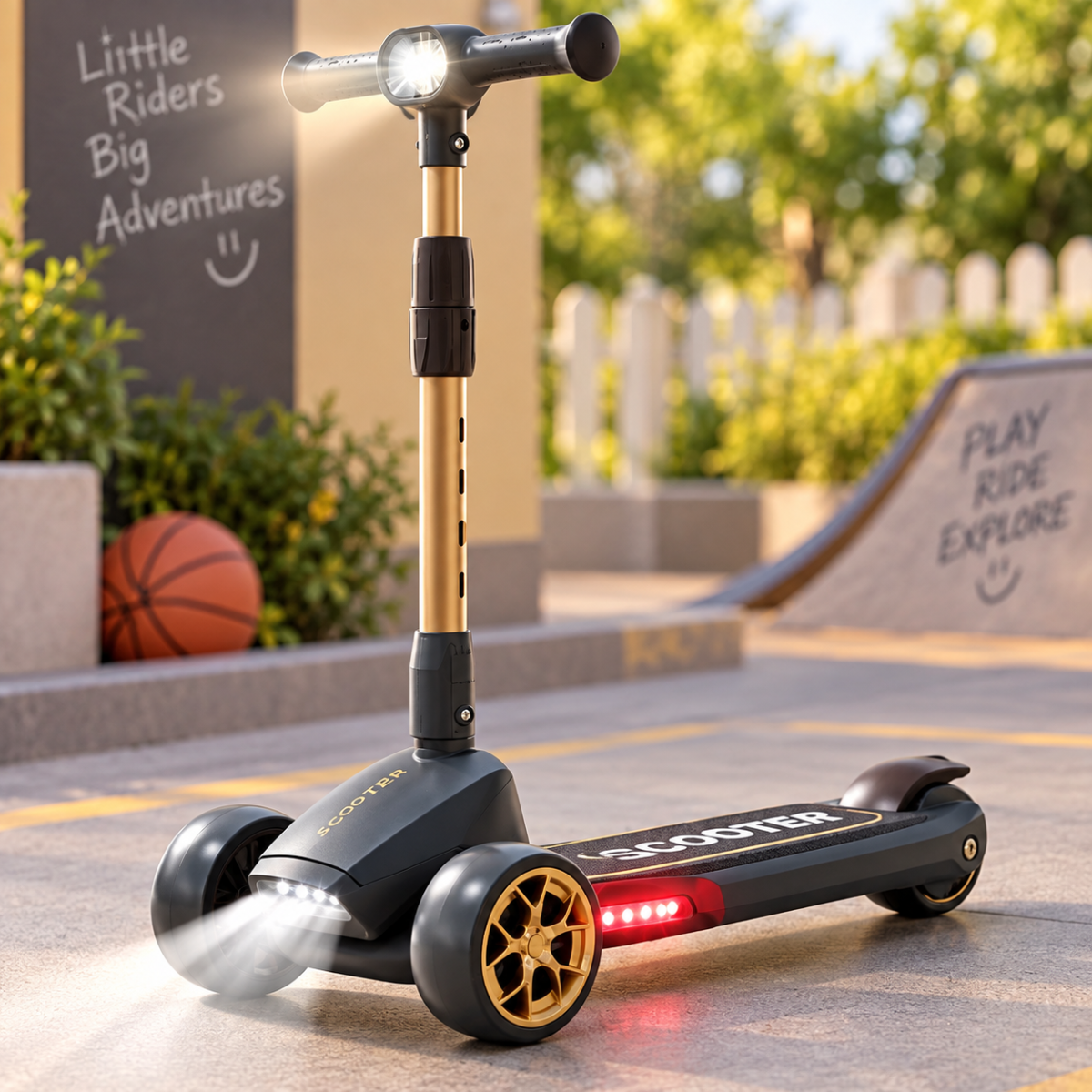 Kids LED light scooter black and gold 3 wheel with adjustable handle - Pakistan