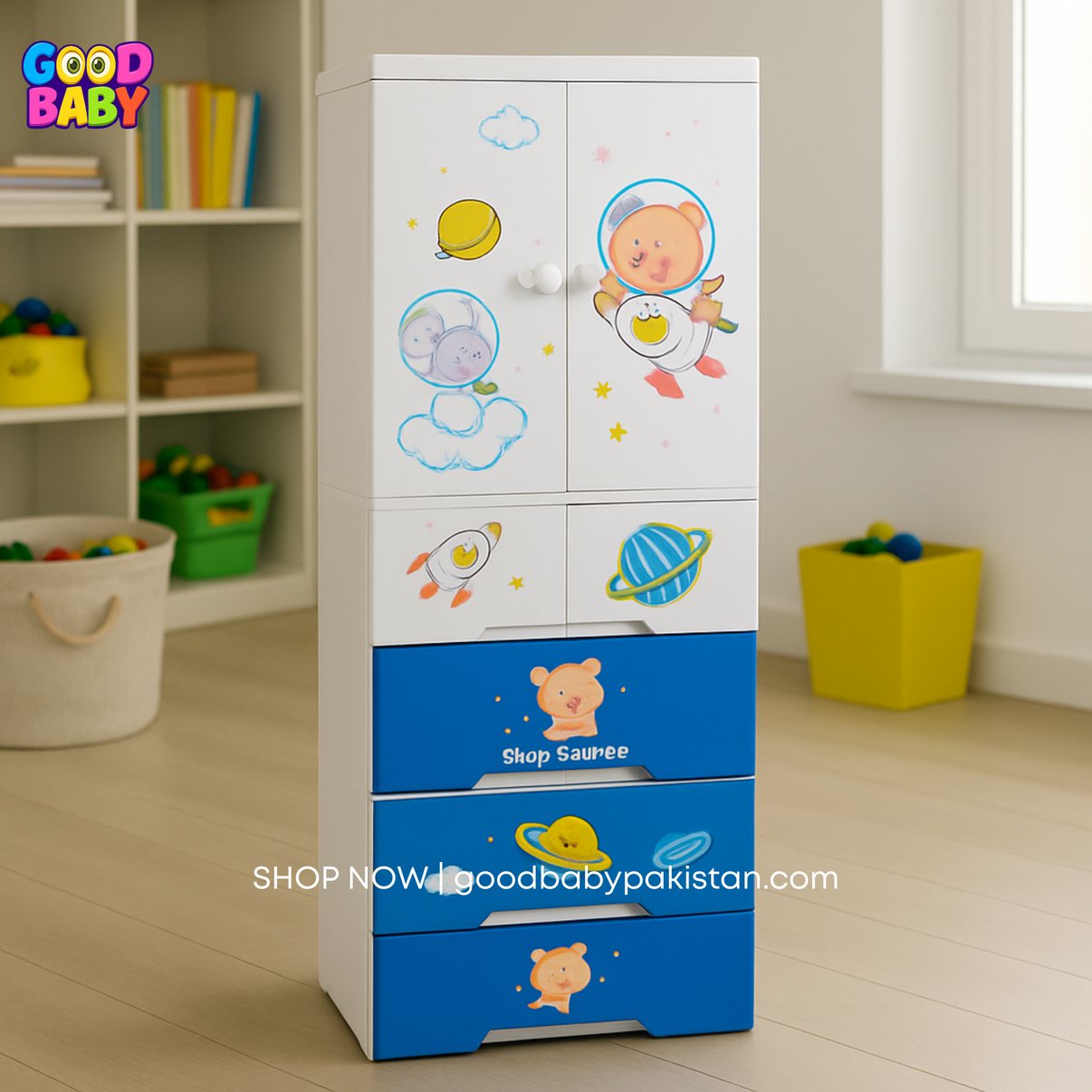Kids blue space-themed plastic storage cabinet with drawers and cupboard – GoodBabyPakistan