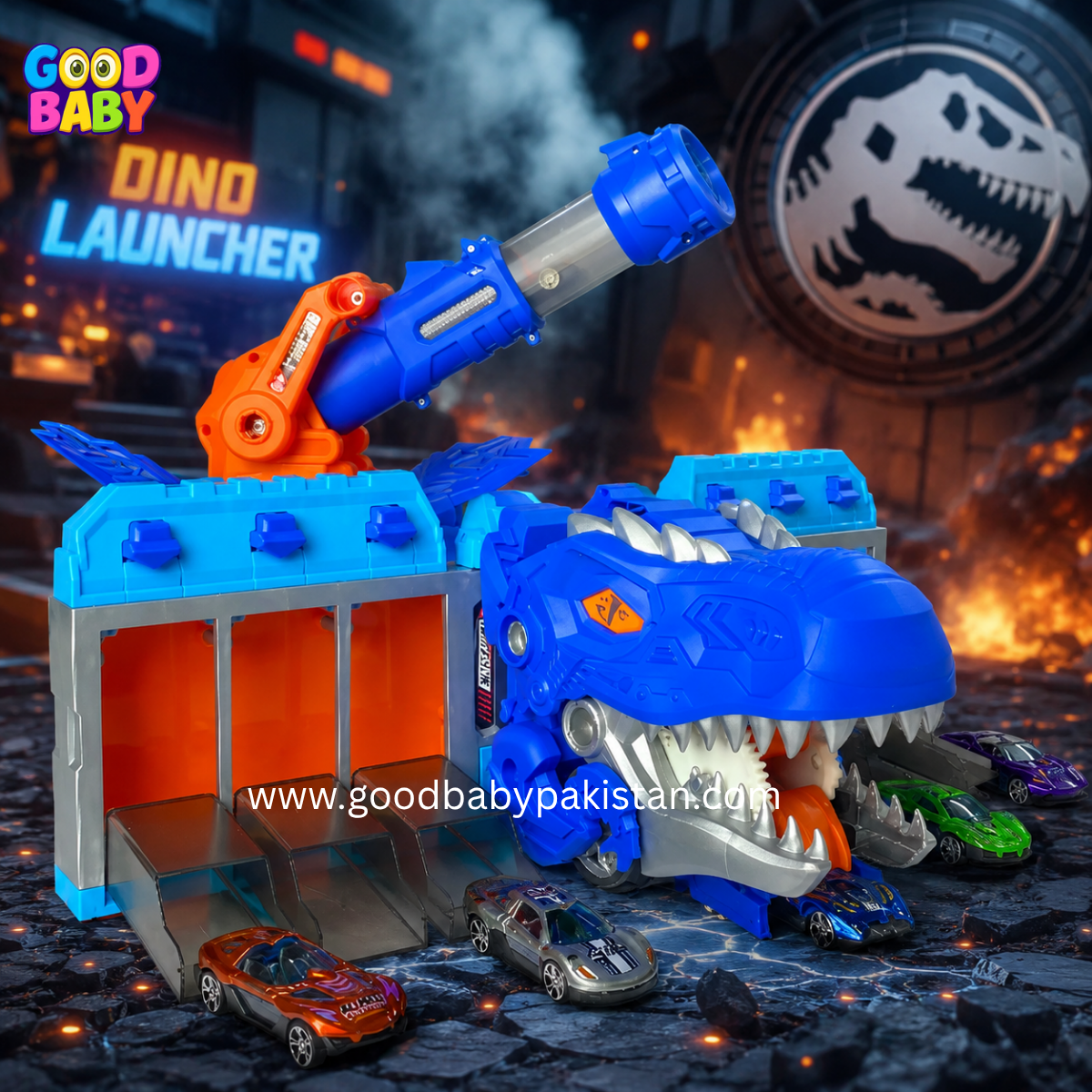 Kids dinosaur car launcher toy with racing cars and garage playset