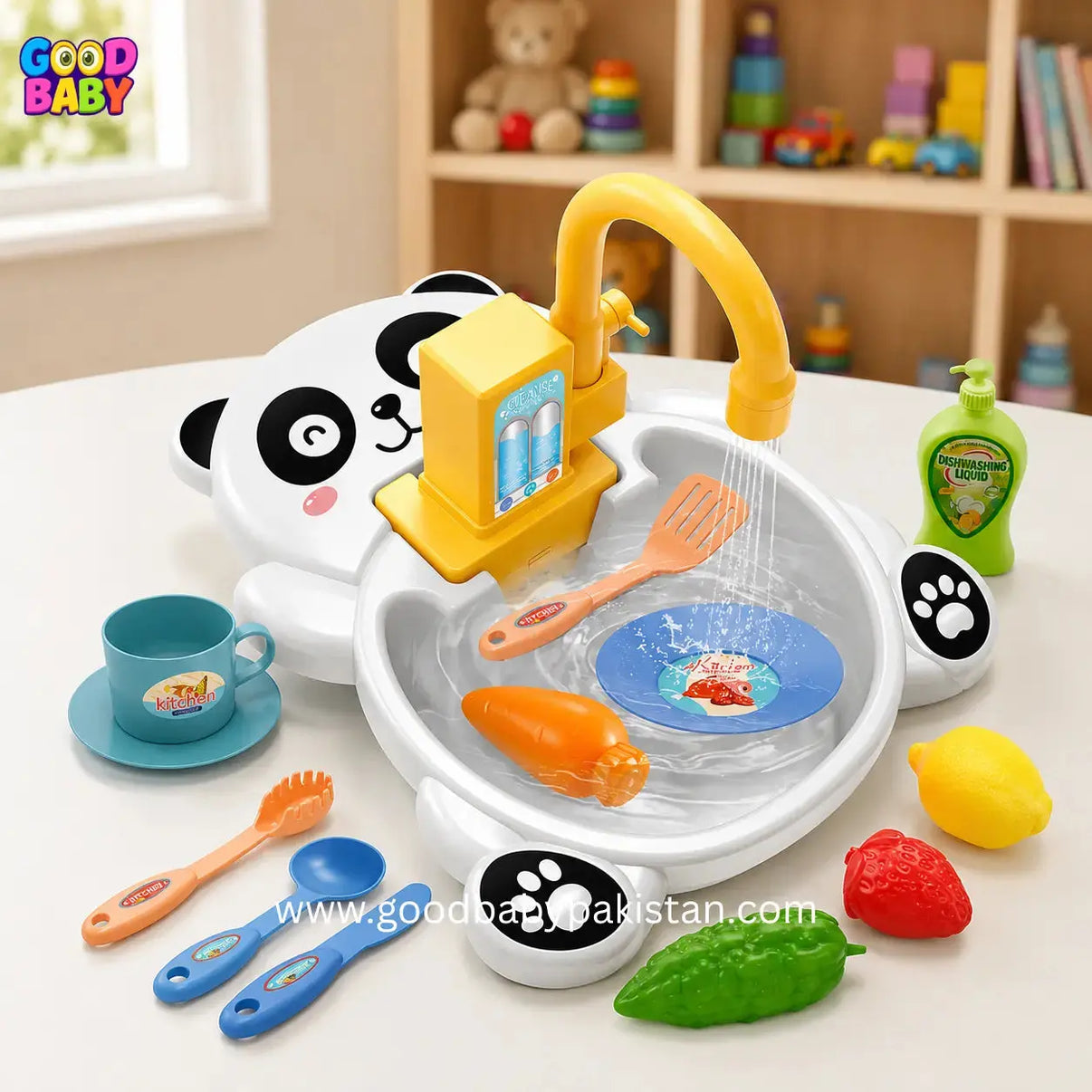 Kids kitchen sink toy with faucet and accessories