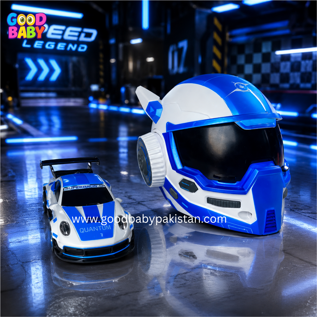 Kids mini RC racing car with futuristic helmet storage case