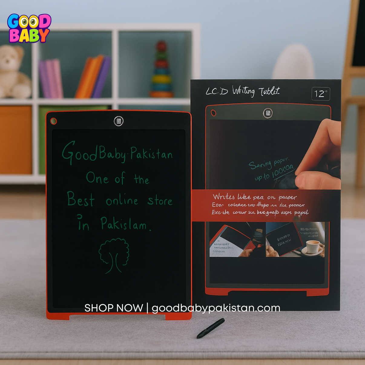 GoodBaby LCD Writing Tablet with promotional text on a shelf with toys in the background