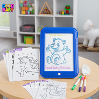 Blue electronic coloring board with coloring sheets and markers on a table in a child's room.