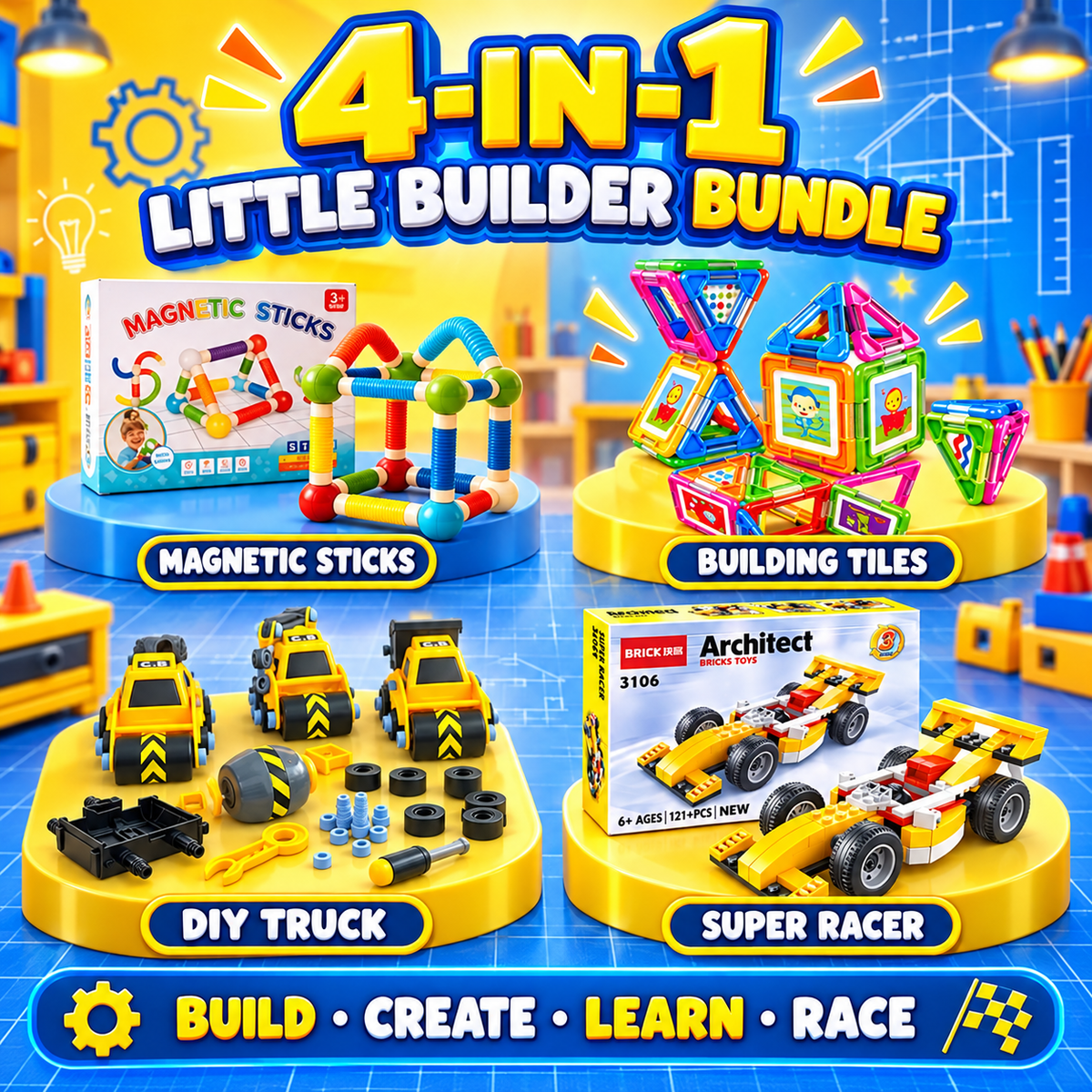 4-in-1 Little Builder Bundle with magnetic sticks, building tiles, DIY truck and racer car toys for kids