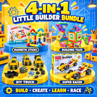 4-in-1 Little Builder Bundle with magnetic sticks, building tiles, DIY truck and racer car toys for kids