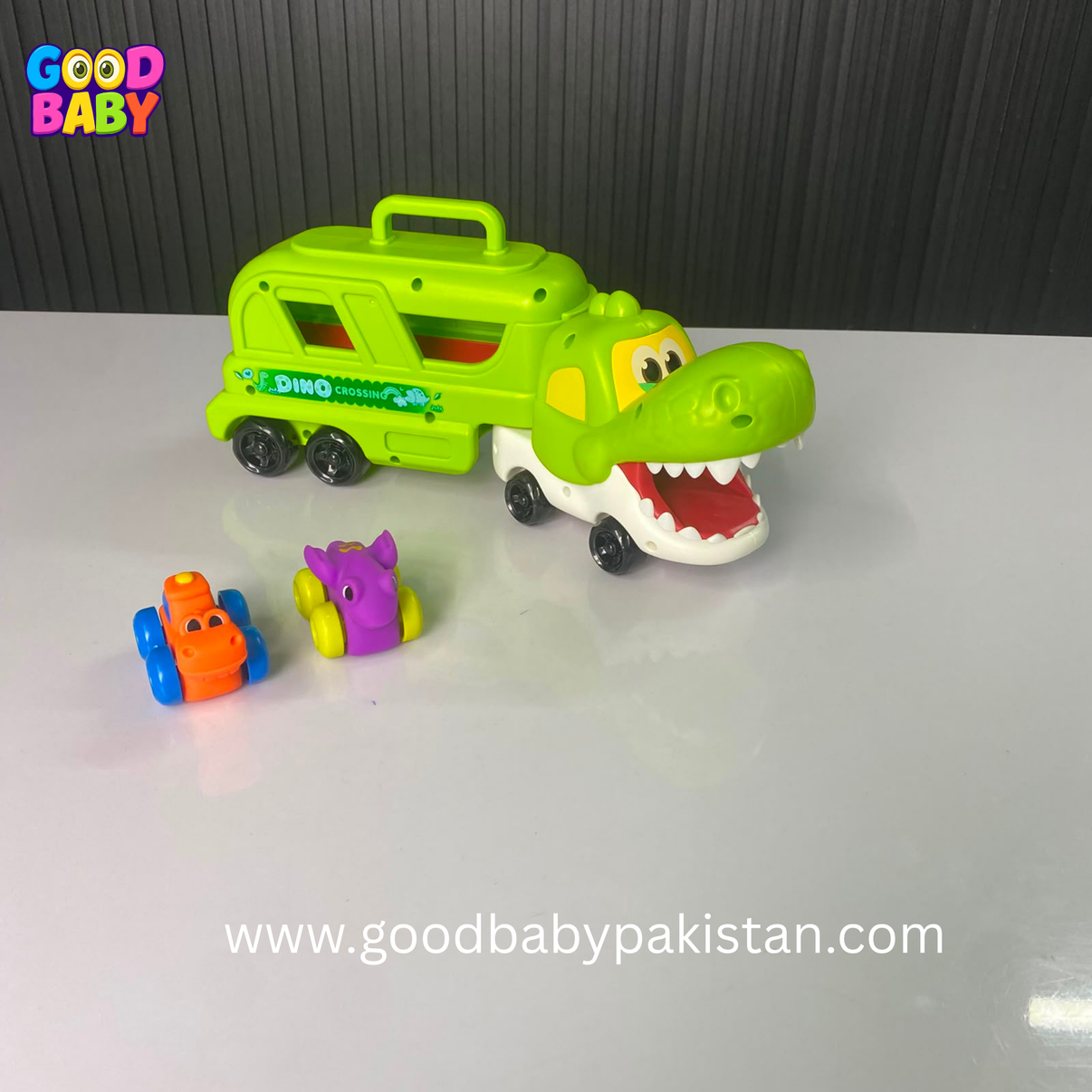 Large green crocodile toy truck for kids carrying two mini cars.