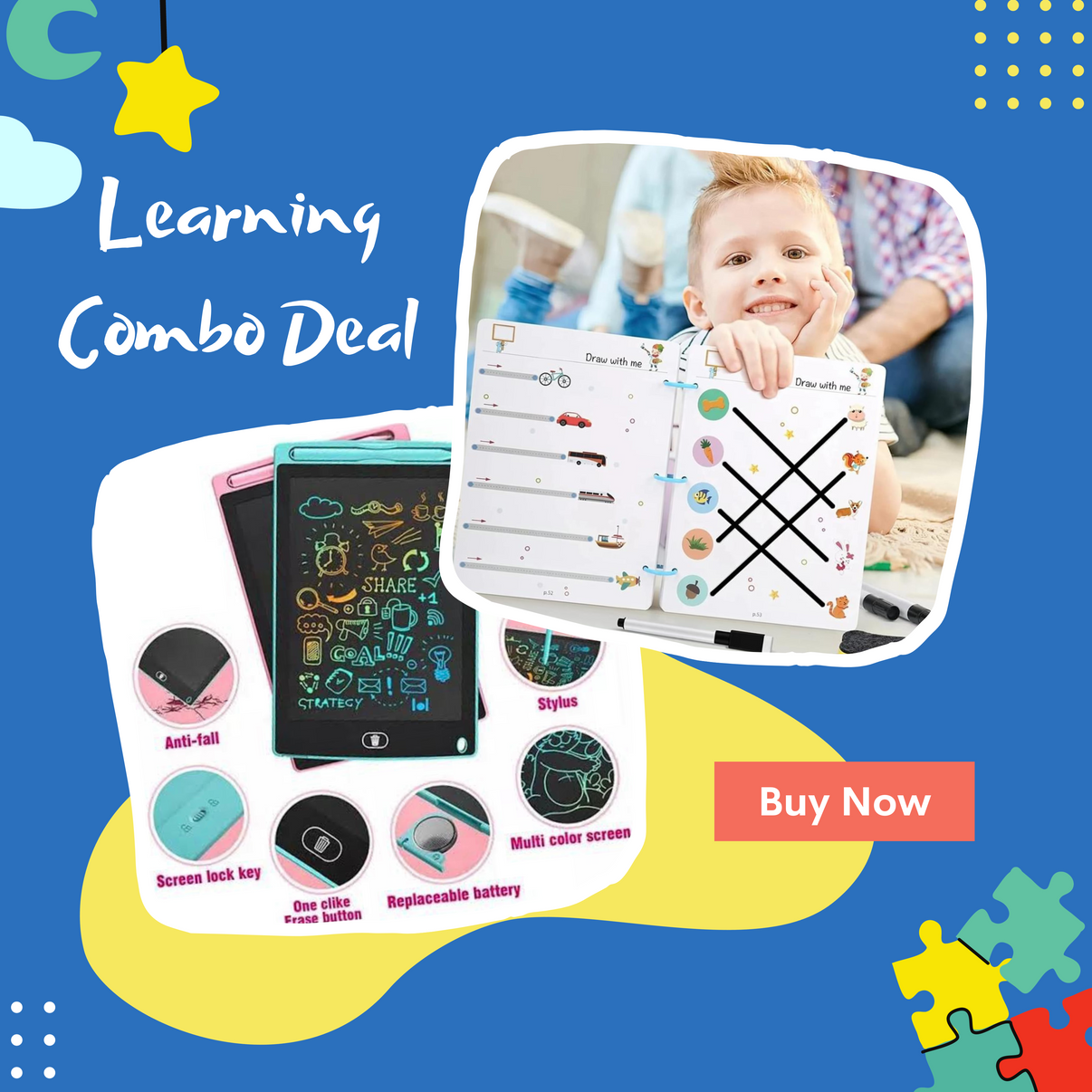Kid using reusable tracing book and LCD writing tablet – Learning Combo Deal by GoodBabyPakistan