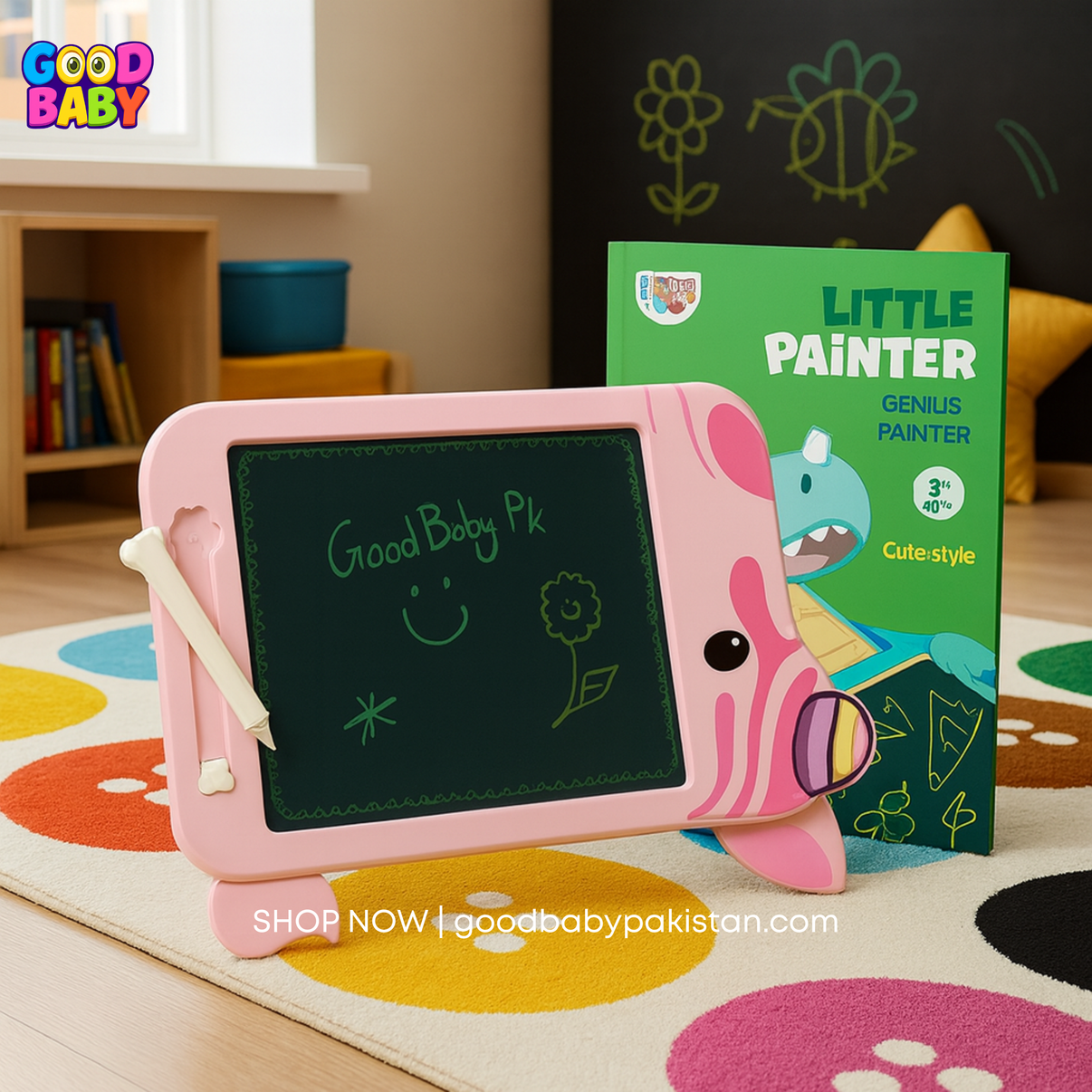 Pink children's drawing board with a book titled 'Little Painter' in a room setting.