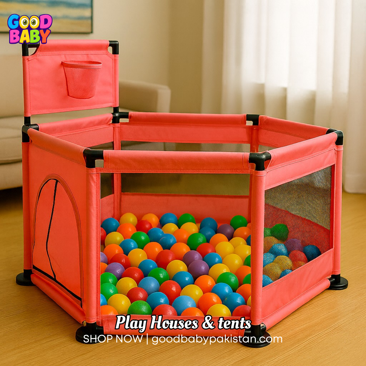“Pink baby playpen with basketball hoop for active play”