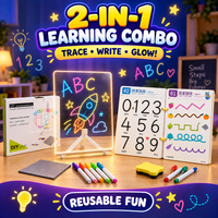Kids writing and tracing learning combo in Pakistan with glow acrylic tablet, markers and reusable 64-page tracing book
