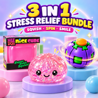 3 in 1 stress relief toy bundle with NeeDoh Nice Cube, glitter bun squishy and spinning fidget ball in Pakistan