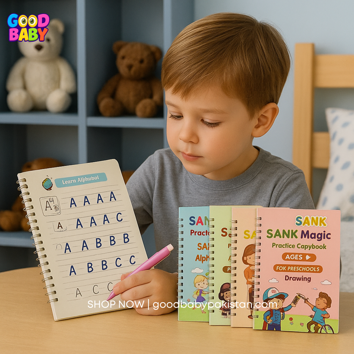 Child practicing handwriting with Sank Magic Practice Copybook – GoodBabyPakistan educational toy