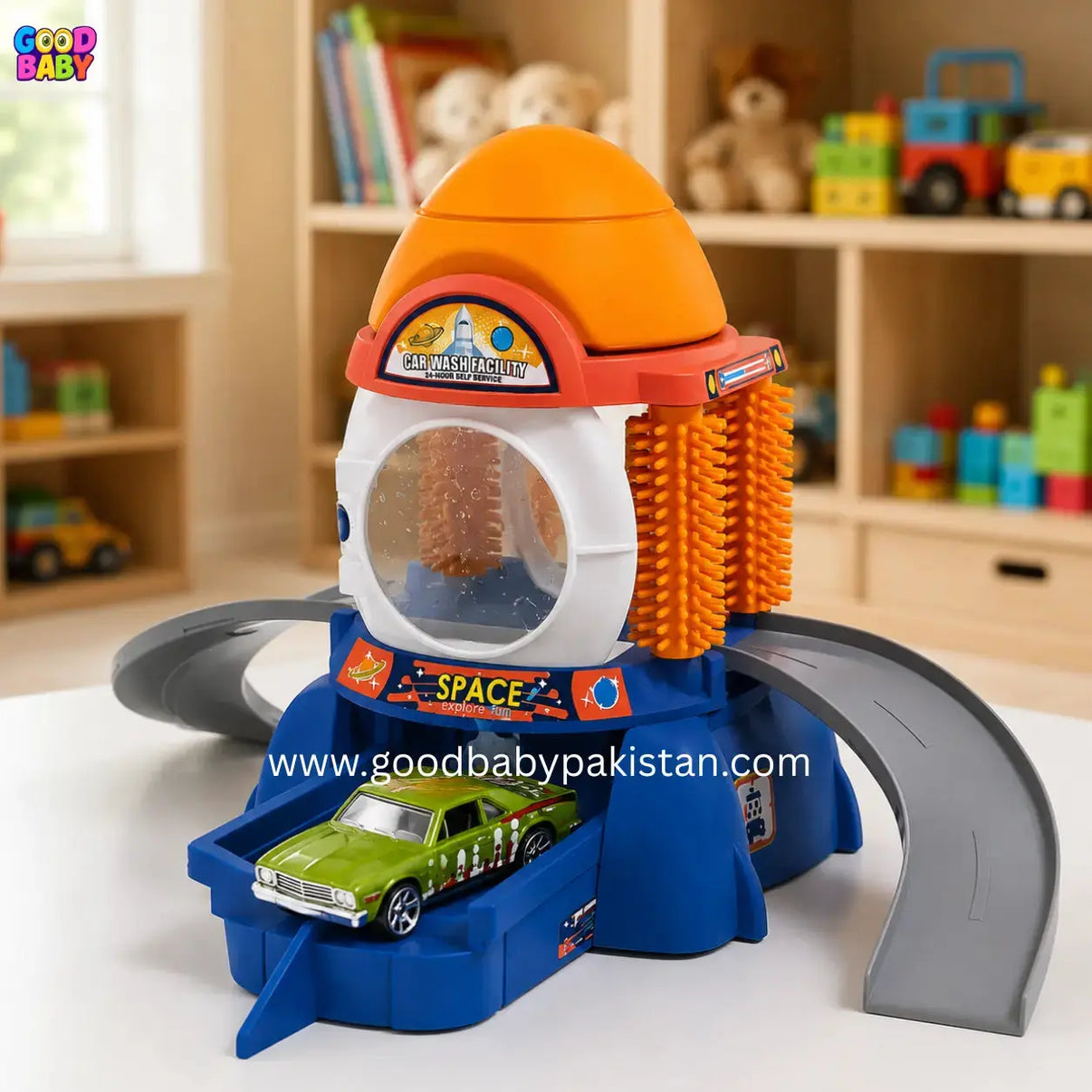 Toy car wash station with water-play feature