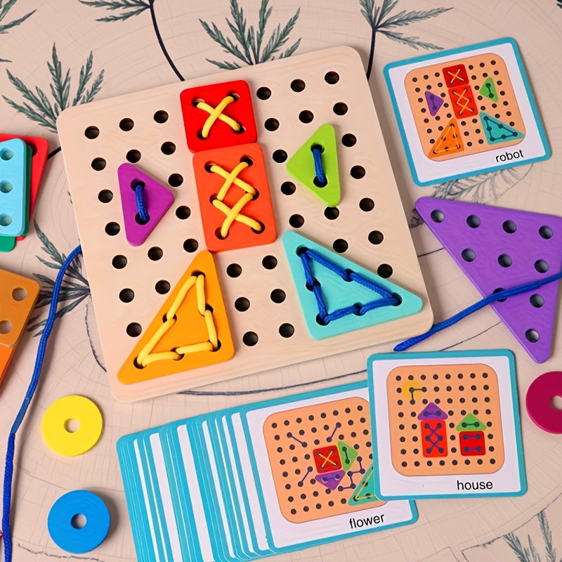 Wooden shape matching and lacing Montessori board by GoodBabyPakistan