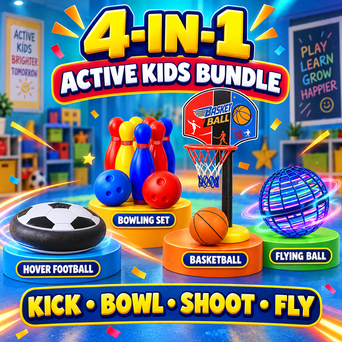 Ultimate Active Kids Pack with hover soccer, bowling set, basketball set and flying spinner ball