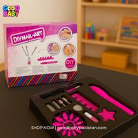 Good Baby DIY nail art kit with tools and colors on a table, branded packaging in the background.