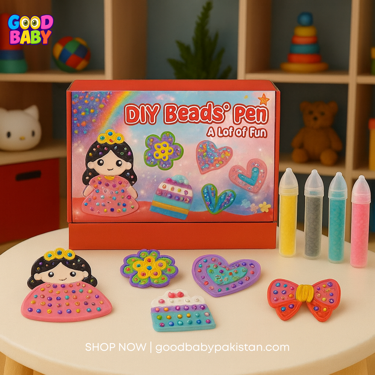 DIY Beads Pen set with colorful beads and packaging on a table.