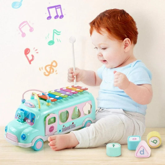  "Multifunctional school bus toy for toddlers with shape sorting and music features – educational toy for babies"
