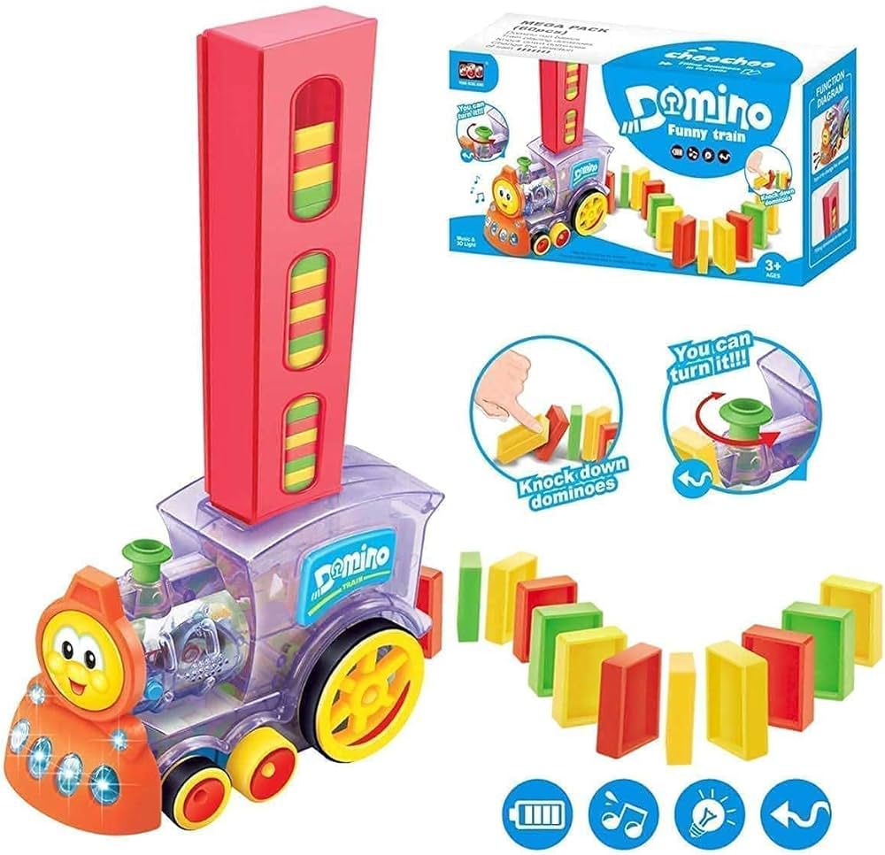 "Domino train toy made of durable plastic, ideal for kids 3.5 years and older, enhancing motor skills."
